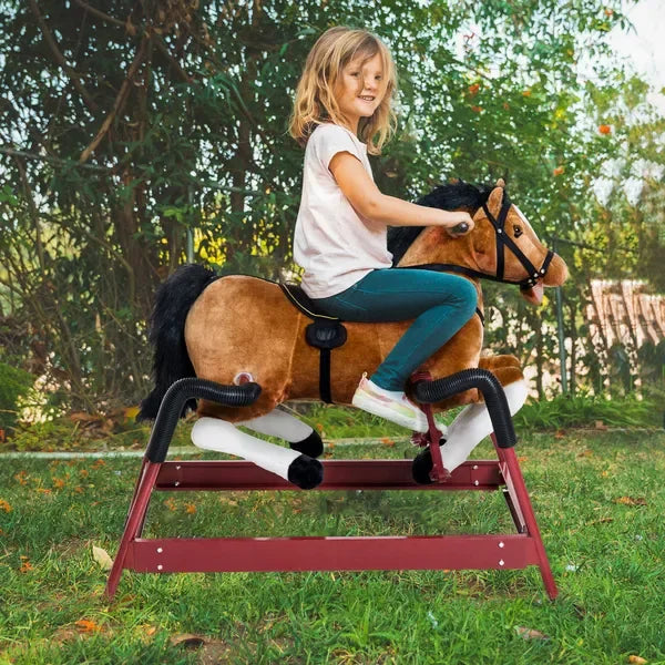 Kids Plush Rocking Horse Toy, Toddler Spring Rocker Rocking Horse With Realistic Sounds, for Children 3+ Years Old, Brown