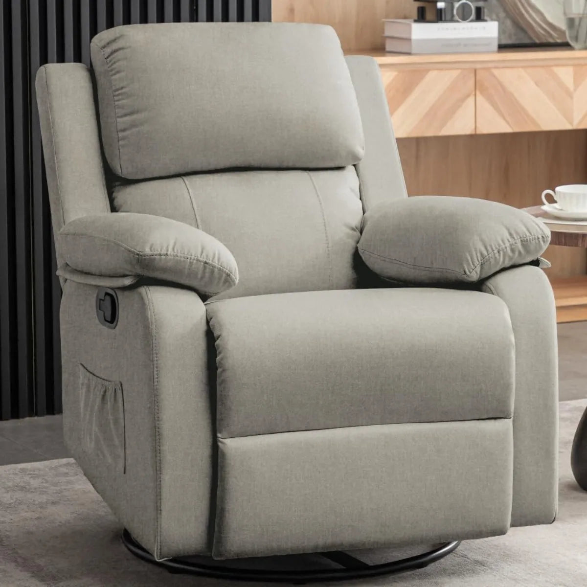 Swivel Rocking Recliner Chair, Small Space Glider Recliner with Side Pockets, Upholstered Fabric for Nursery & Living Room