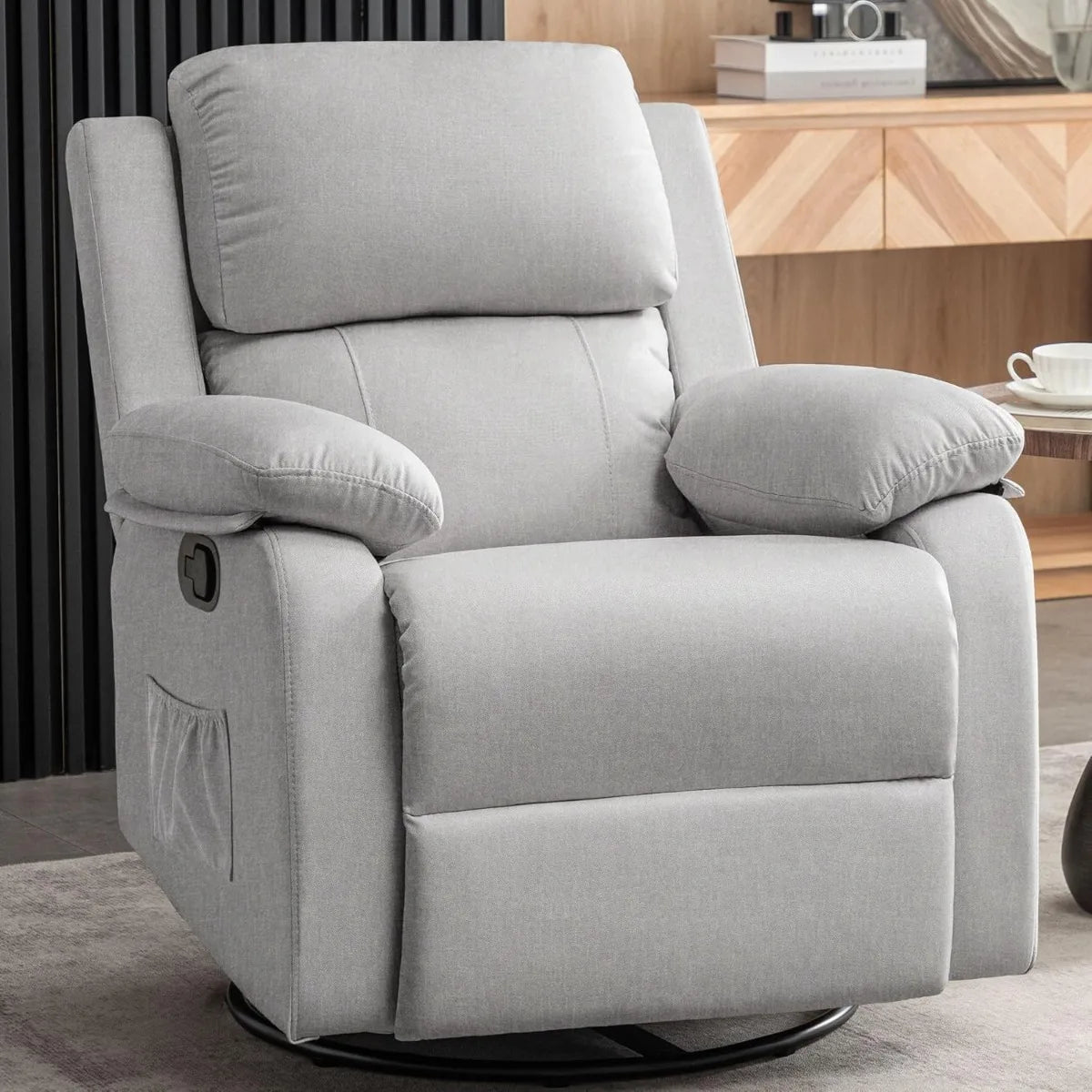 Swivel Rocking Recliner Chair, Small Space Glider Recliner with Side Pockets, Upholstered Fabric for Nursery & Living Room