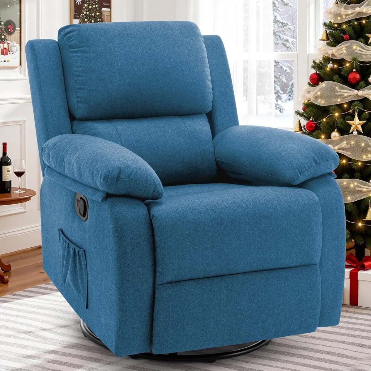 Swivel Rocking Recliner Chair, Small Space Glider Recliner with Side Pockets, Upholstered Fabric for Nursery & Living Room