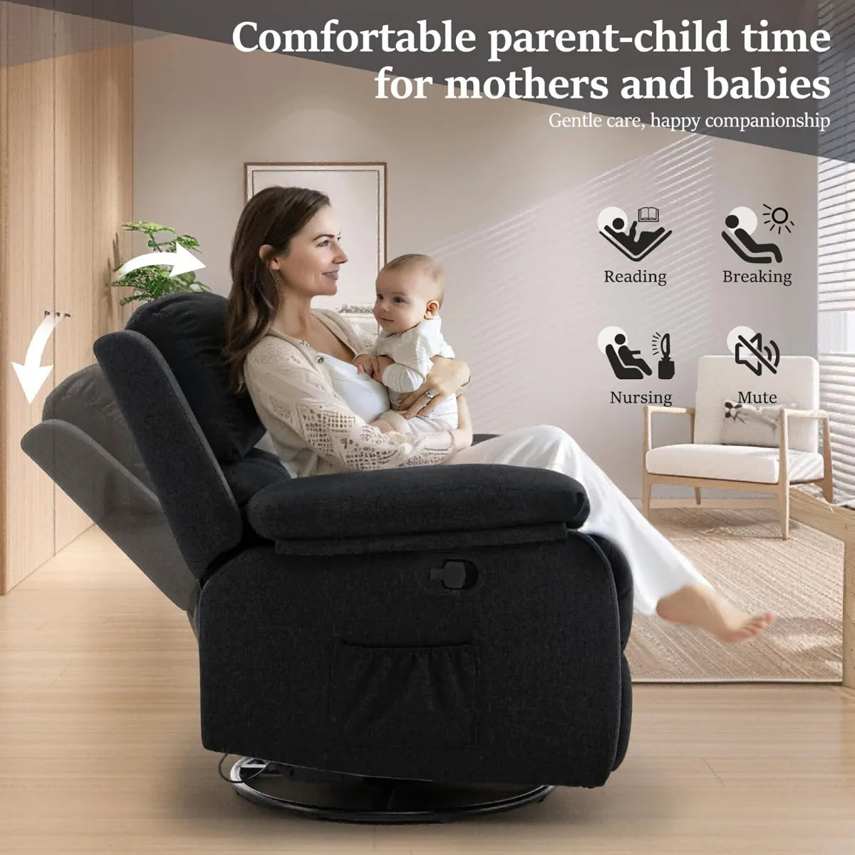 Swivel Rocking Recliner Chair, Small Space Glider Recliner with Side Pockets, Upholstered Fabric for Nursery & Living Room