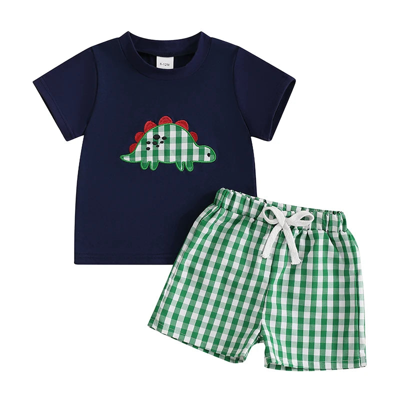 Boys Dinosaur Print T-shirt and Plaid Shorts