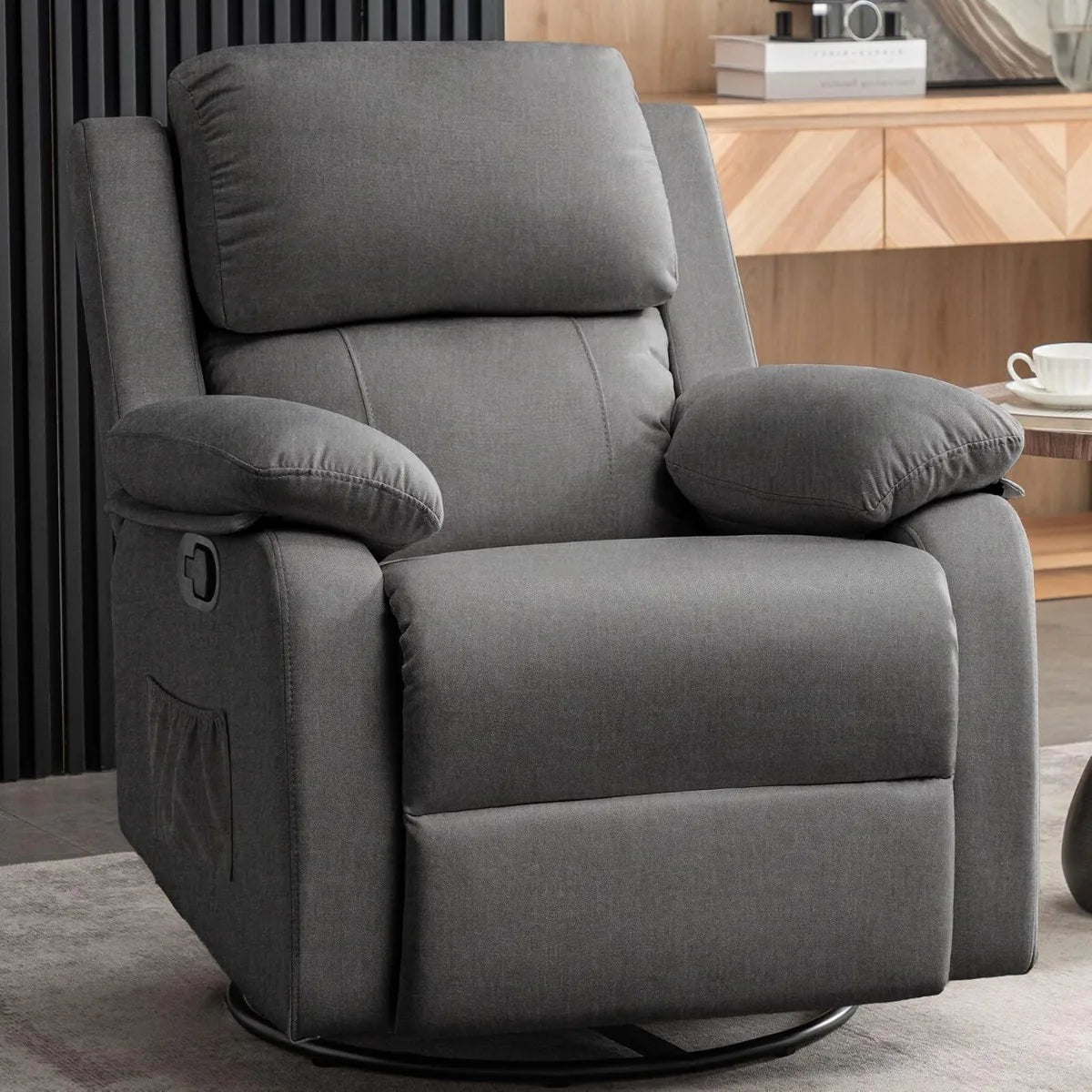 Swivel Rocking Recliner Chair, Small Space Glider Recliner with Side Pockets, Upholstered Fabric for Nursery & Living Room