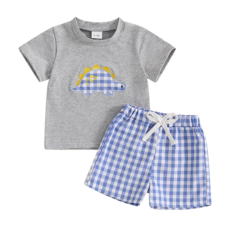 Boys Dinosaur Print T-shirt and Plaid Shorts