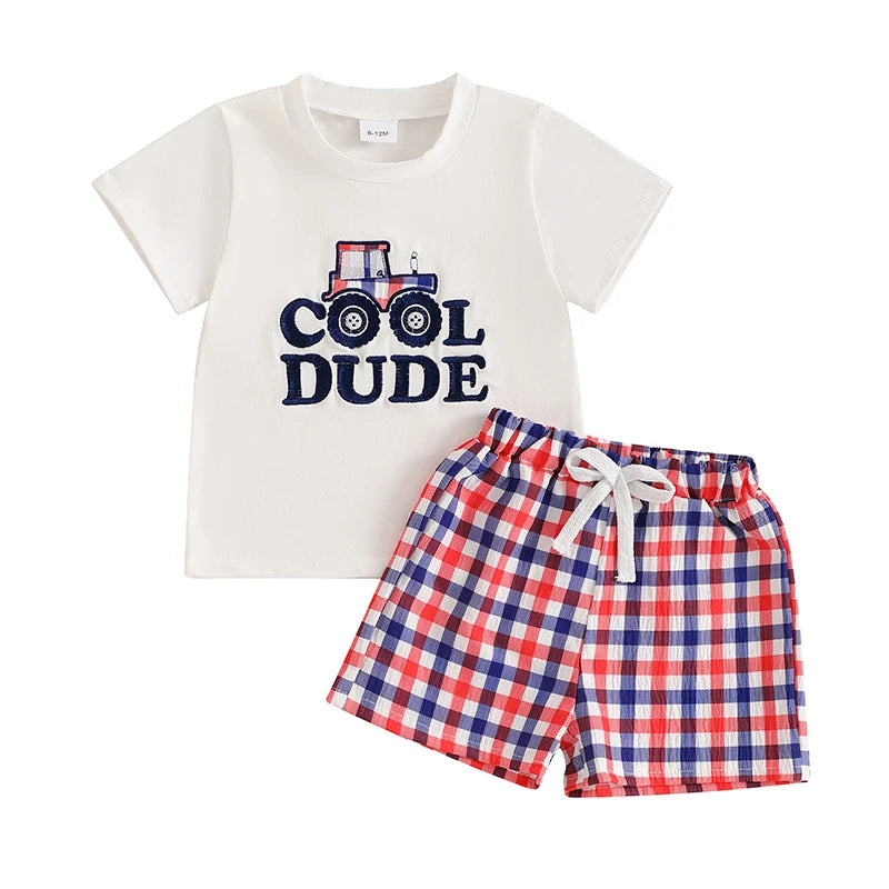 Boys Dinosaur Print T-shirt and Plaid Shorts