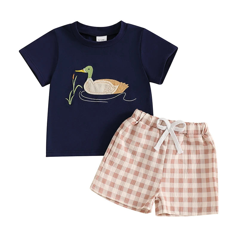 Boys Dinosaur Print T-shirt and Plaid Shorts